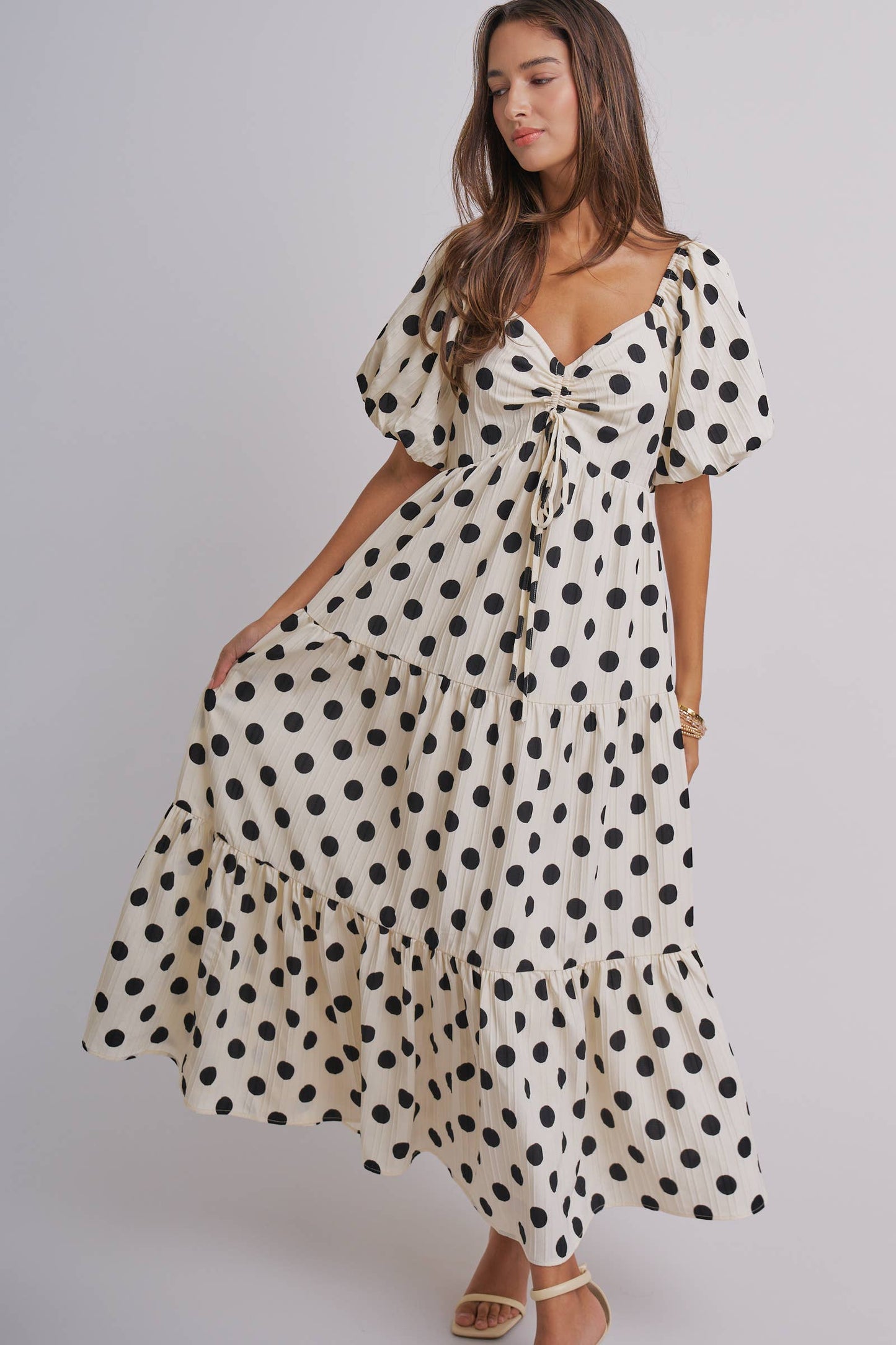 Textured Polka Dot Tie-Front Puff Sleeve Maxi Dress