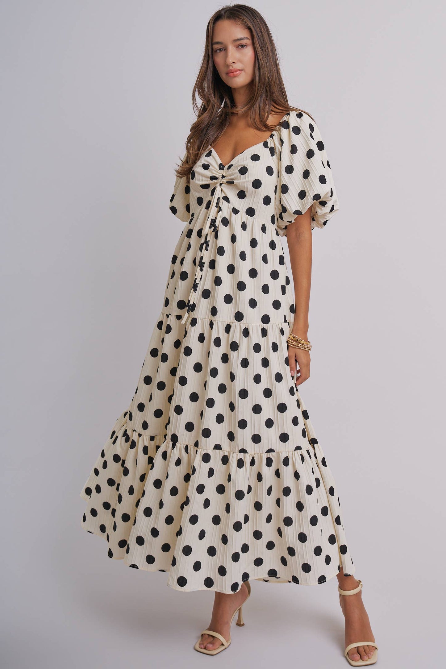 Textured Polka Dot Tie-Front Puff Sleeve Maxi Dress