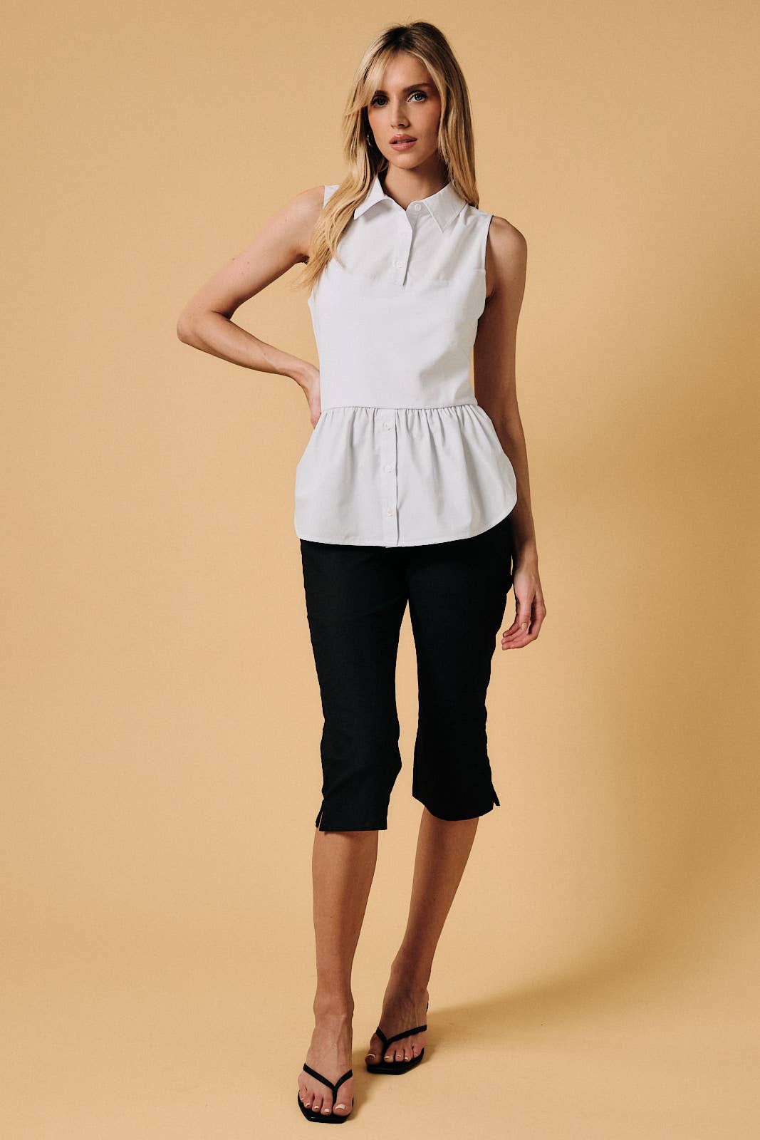 SLEEVELESS COLLARED 2 FER KNIT & POPLIN UNDERSHIRT TOP