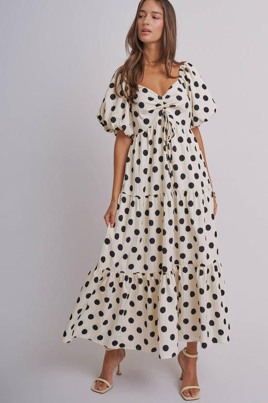 Polka Dot Tie-Front Puff Sleeve Maxi Dress