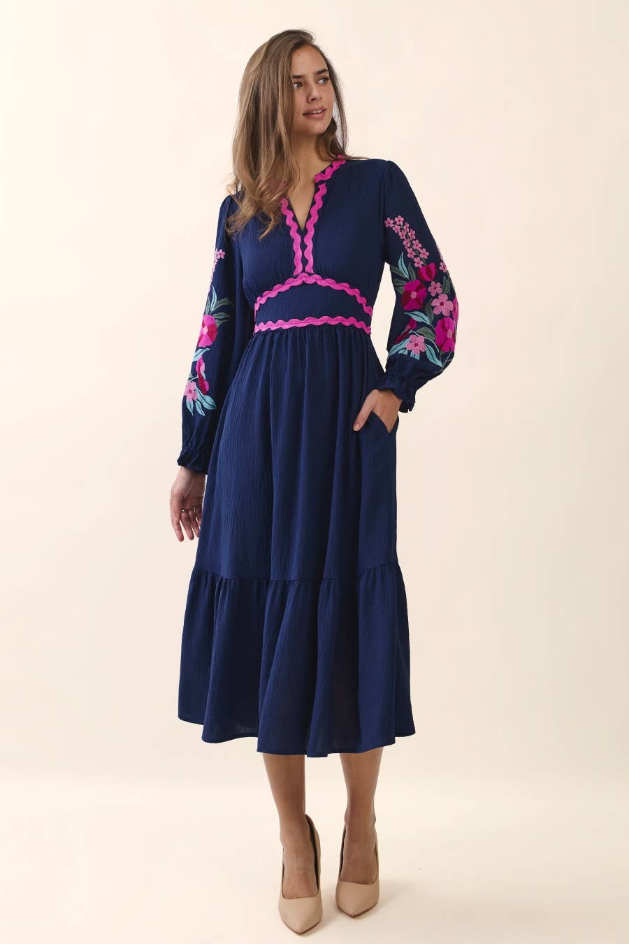 Plus Embroidered Tiered Midi Dress