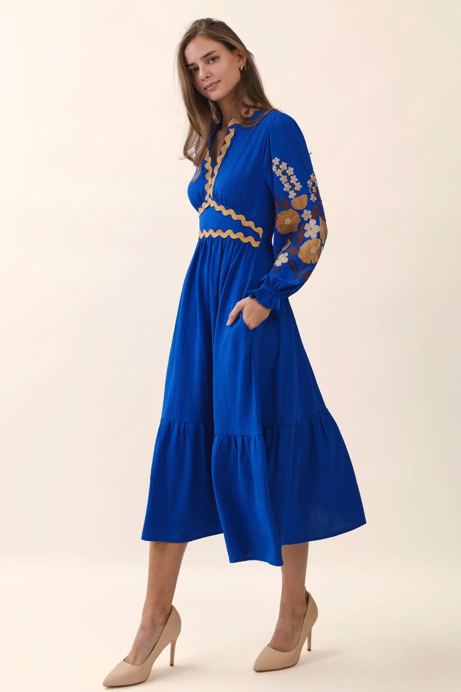 Plus Embroidered Tiered Midi Dress