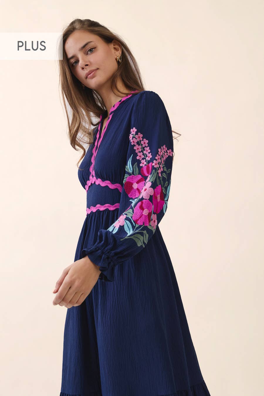 Plus Embroidered Tiered Midi Dress