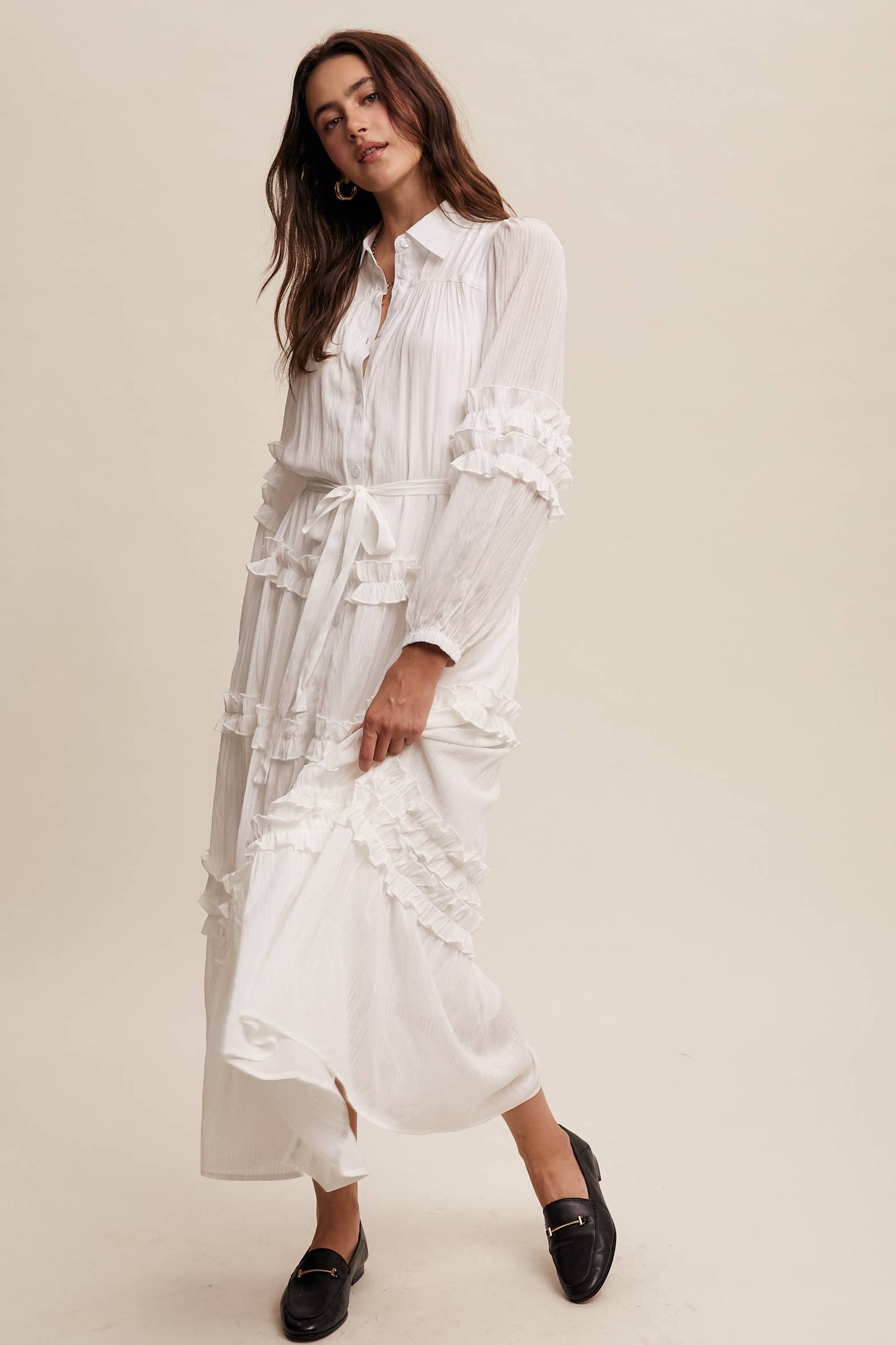 Ruffled Belted Maxi Shirt Dress