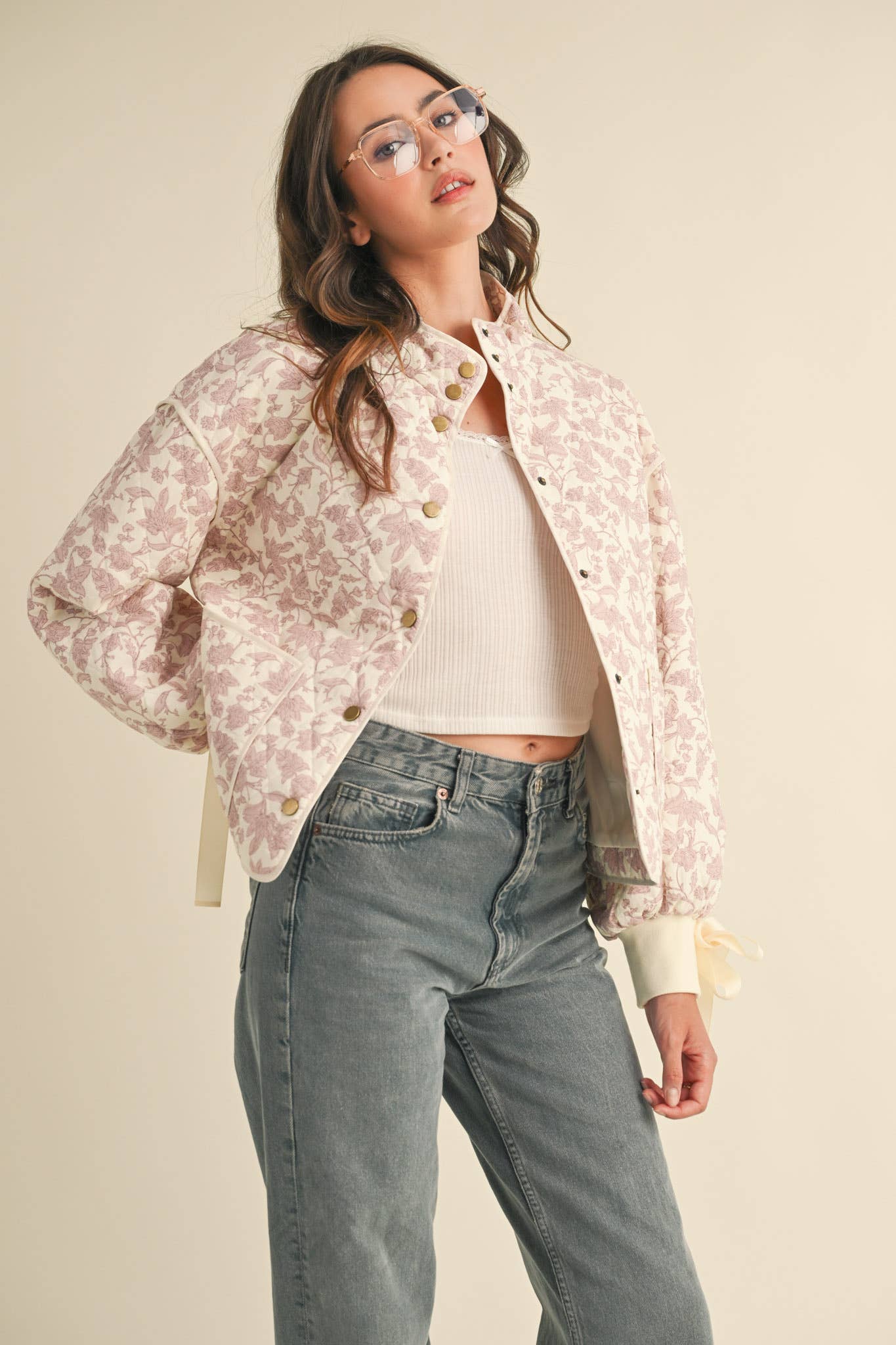 FLORAL QUILTED JACKET WITH RIBBON DETAIL