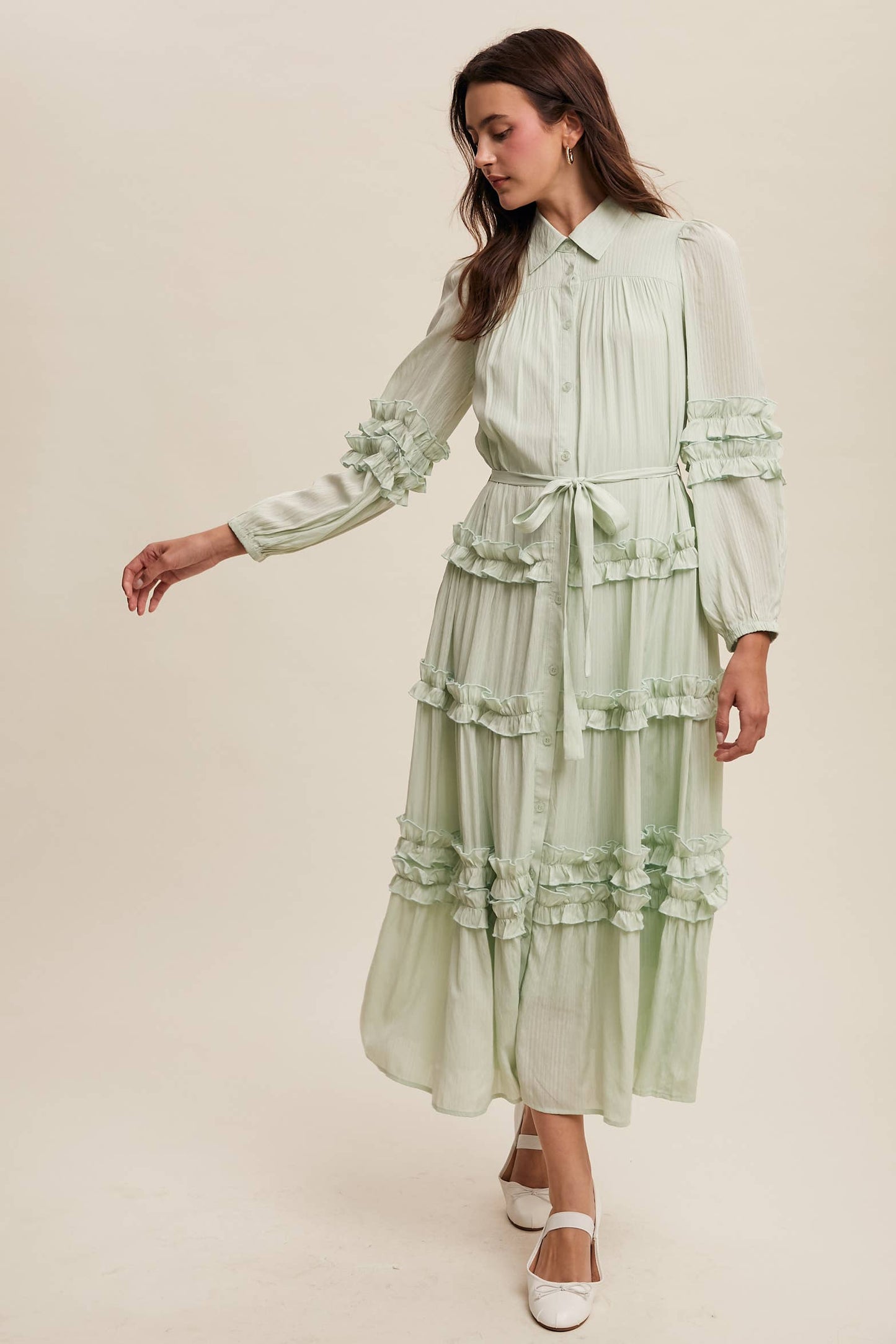 Ruffled Belted Maxi Shirt Dress