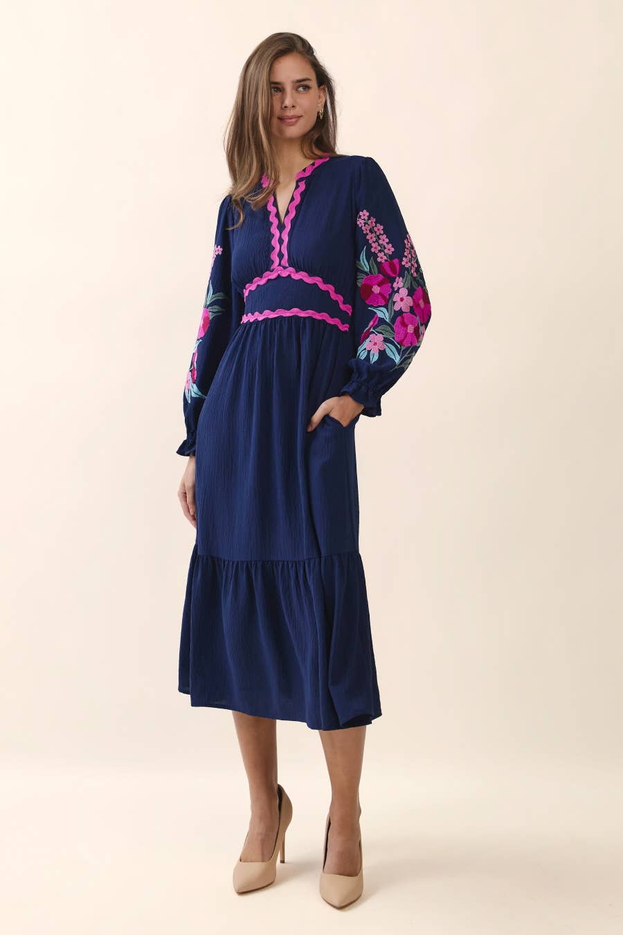 Plus Embroidered Tiered Midi Dress