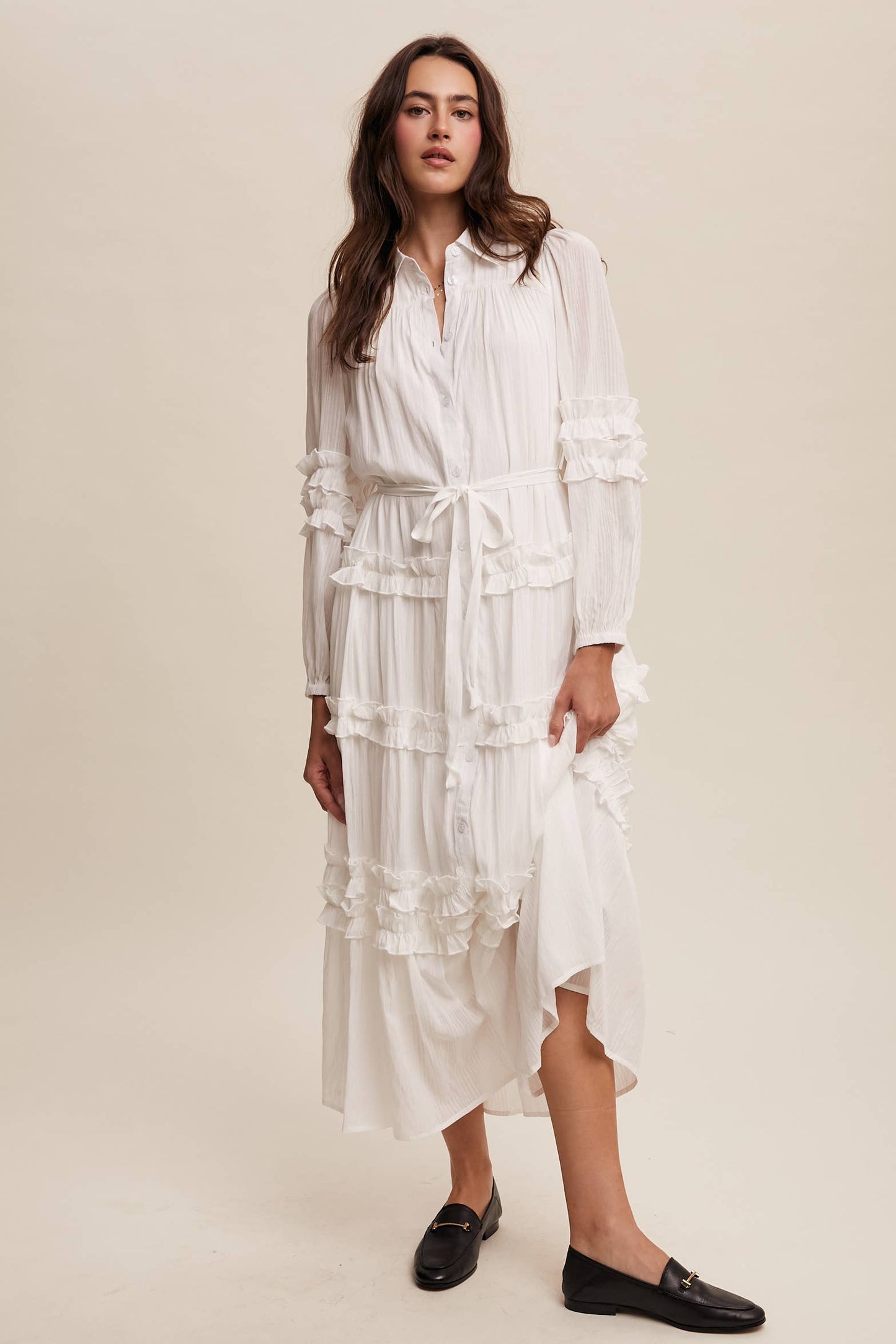Ruffled Belted Maxi Shirt Dress